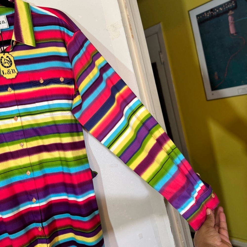 L&B Bright Multicolor Striped Button Down Shirt Dress Size XL Western Belted NWT - Picture 9 of 16